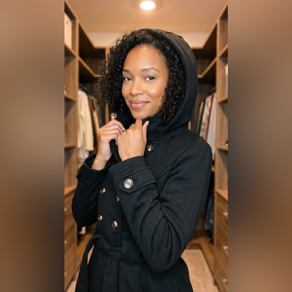 Double Breasted Hooded Peacoat - Black